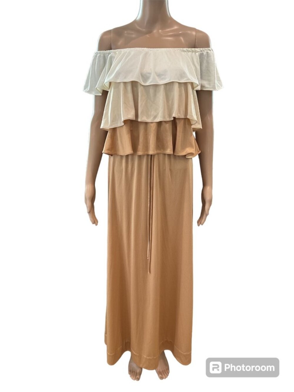 Vintage 70s Vicky Vaughn Junior Off-Shoulder Ruffle Maxi Dress| S/M